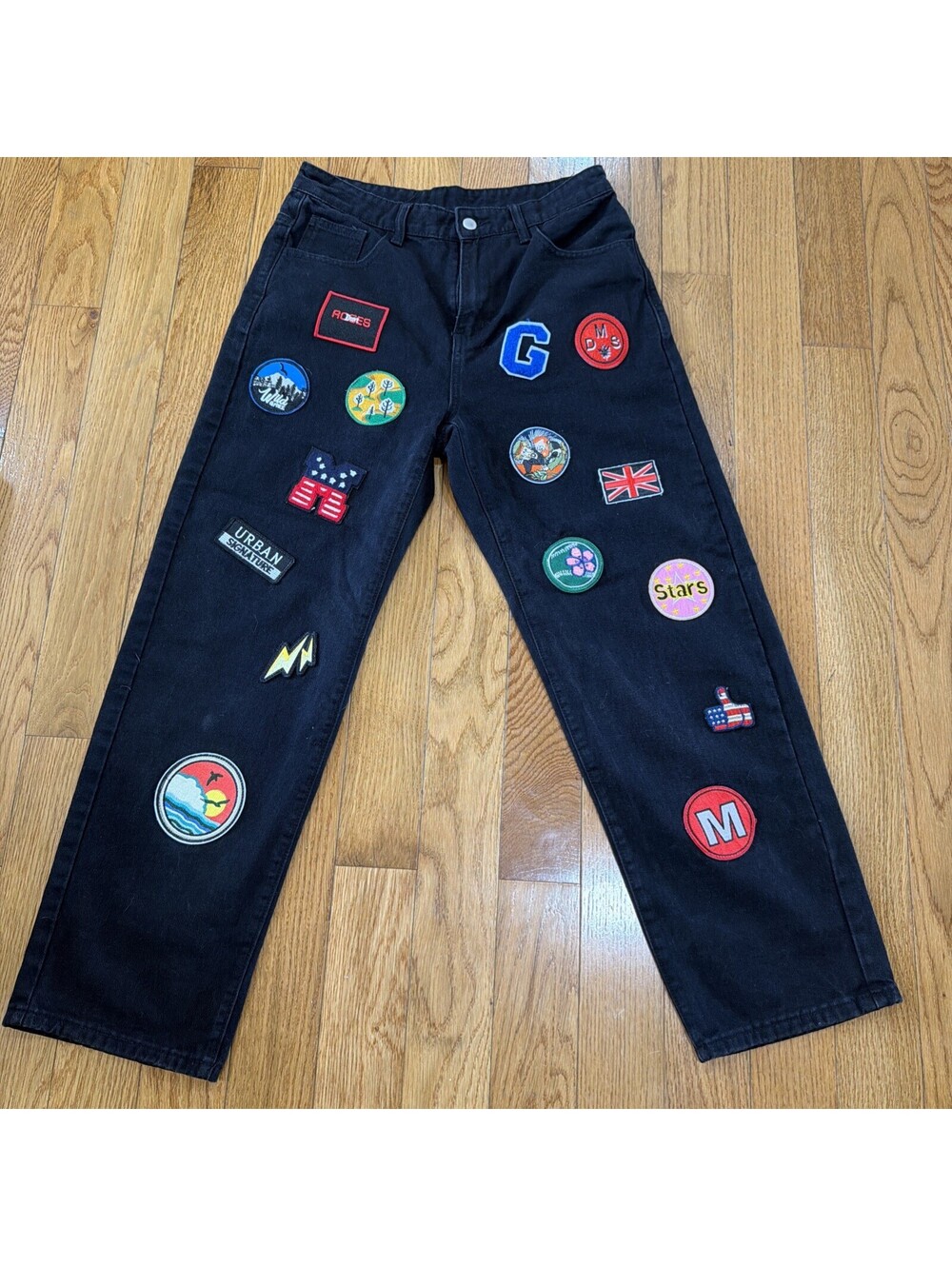 Size M Custom Patchwork Black Jeans Straight Leg Y2K Streetwear Festival Pants - Picture 5 of 5